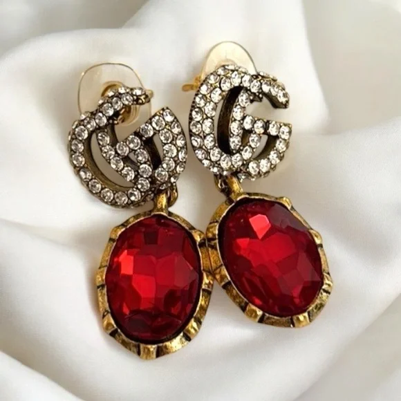'ANTIQUE' STYLE RED OR BLUE DROP EARRINGS W RHINESTONE GG IN DESIGNER POUCH. - Picture 2 of 8